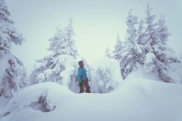 Man in besneeuwde bos — Stockfoto