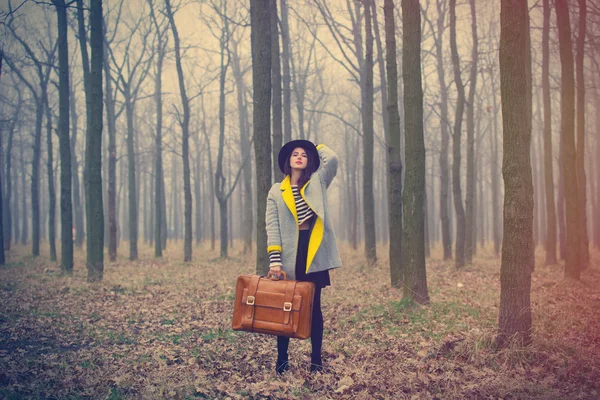 Bavul ile genç bir kadın portresi — Stok fotoğraf