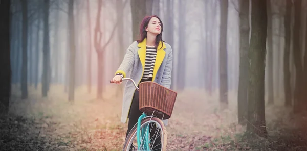 Retrato de uma jovem mulher com uma bicicleta — Fotografia de Stock