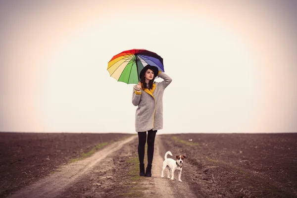 Woman with umbrella and dog — Stock Photo, Image