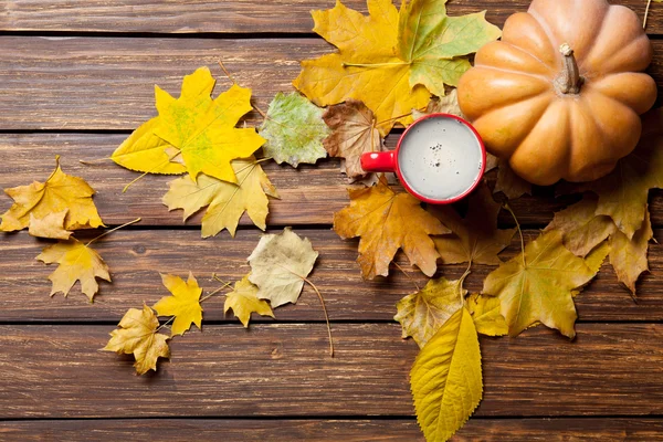 Hojas caídas, calabaza y taza de café — Foto de Stock