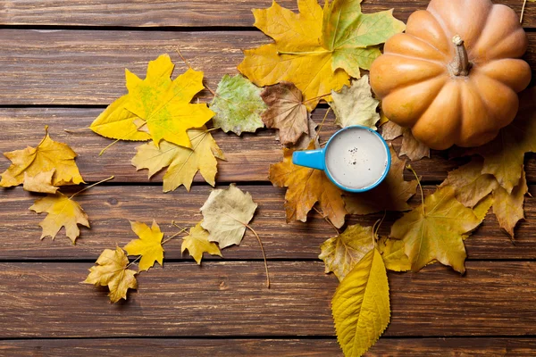 Hojas caídas, calabaza y taza de café —  Fotos de Stock