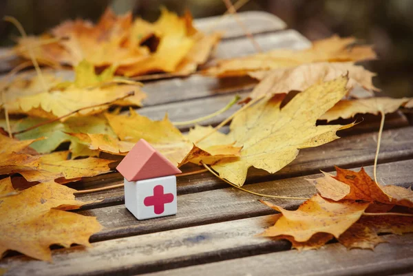 Blöcke Mit Rotem Medizinischen Kreuz Neben Blättern Auf Einem Holztisch — Stockfoto