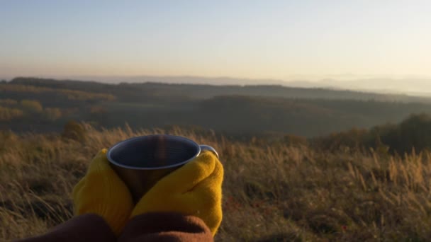 女の子は山でお茶のマグカップを持っています 11月の日没に子供たち — ストック動画