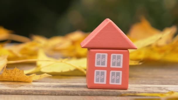 Little toy house next to autumn leaves on a table — Stock Footage Little Toy House Next Autumn Leaves Table Stock Footage