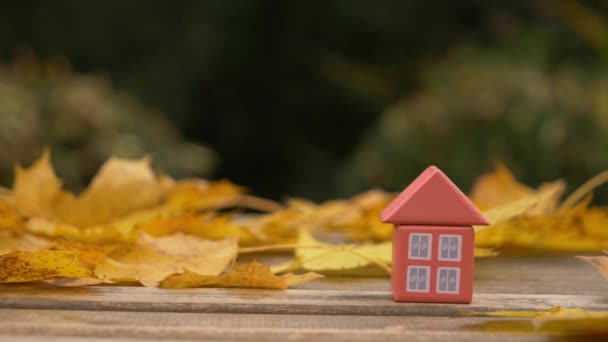 Pequena Casa Brinquedo Lado Folhas Outono Uma Mesa — Vídeo de Stock