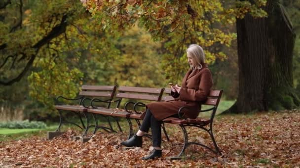 Женщина Мобильным Телефоном Сидит Скамейке Осеннем Парке — стоковое видео