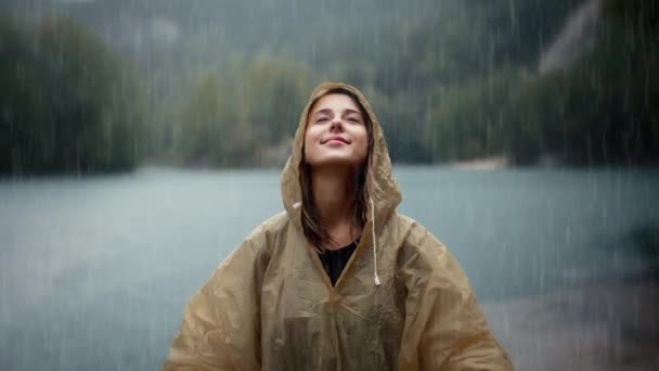 雨の日に湖の隣のレインコートの女の子 — ストック動画