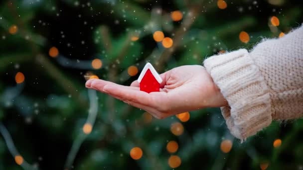 女性の手で小さな赤い家を持っているクリスマスライトと背景にモミの木 — ストック動画