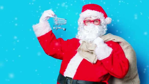 Funny Santa Claus Divertirse Con Carrito Compras — Vídeos de Stock