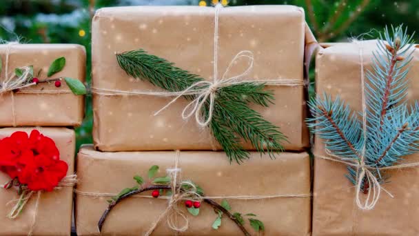 Handmade Christmas Gifts Pine Tree Background Stock Video
