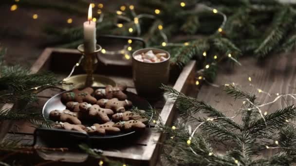 Christmas gingerbread cookies and mug of coffee on a tray — Stock Footage Christmas Gingerbread Cookies Mug Coffee Tray Royalty Free Stock Footage