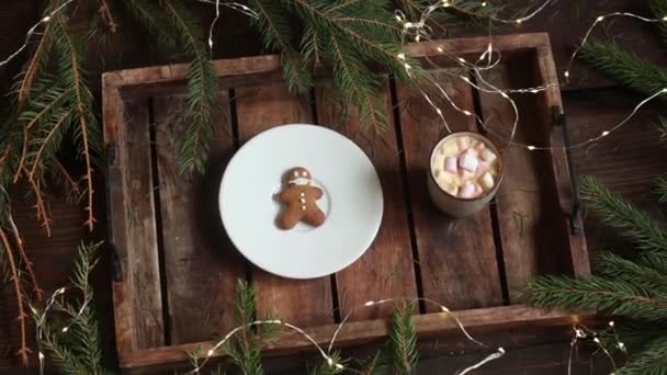 圣诞姜饼饼干和茶杯放在盘子里 — 图库视频影像