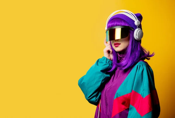 Style Woman Glasses 80S Tracksuit Headphones Yellow Background — Stock Photo, Image
