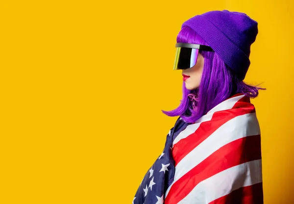 Style Woman Glasses 80S Tracksuit Usa Flag Yellow Background — Stock Photo, Image