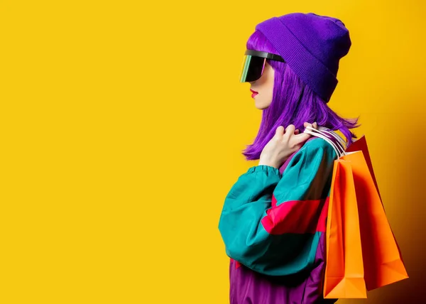 Style Woman Glasses 80S Tracksuit Sopping Bags Yellow Background — Stock Photo, Image