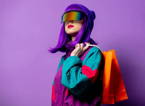 Mujer Estilo Gafas Chándal Los Años Con Bolsas Compras Sobre —  Fotos de Stock