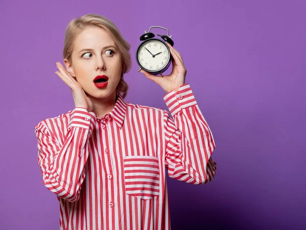 Beautiful Woman Red Striped Shirt Alarm Clock Purple Background — Stock Photo, Image