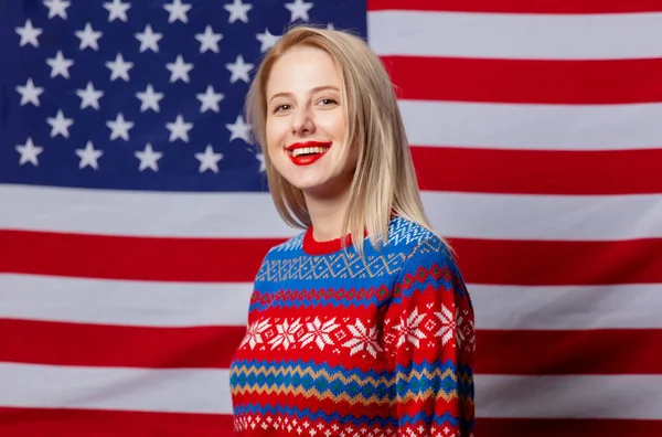 Beautiful Blonde Christmas Sweater Usa Flag Background — Stock Photo, Image