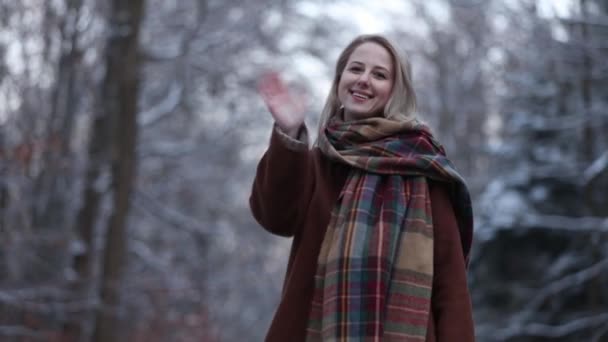 Όμορφη Γυναίκα Παλτό Και Μαντήλι Στο Δάσος Χιόνι — Αρχείο Βίντεο