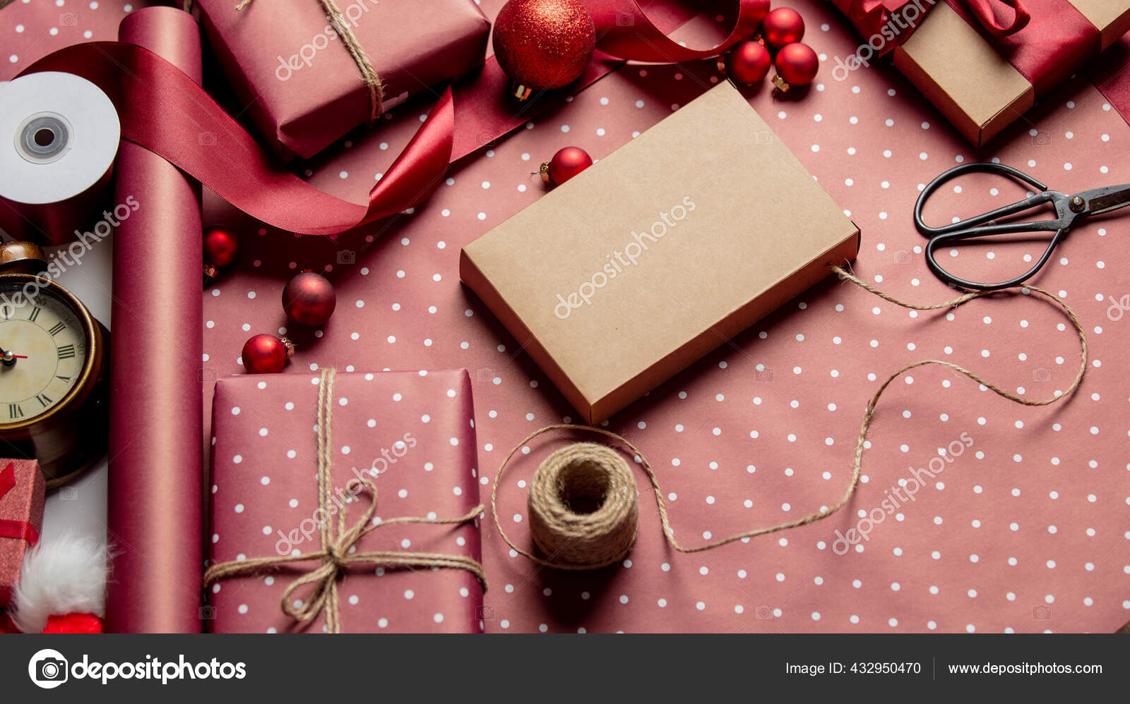 Christmas Wrapping Table Gift Boxes Stock Photo by ©massonforstock