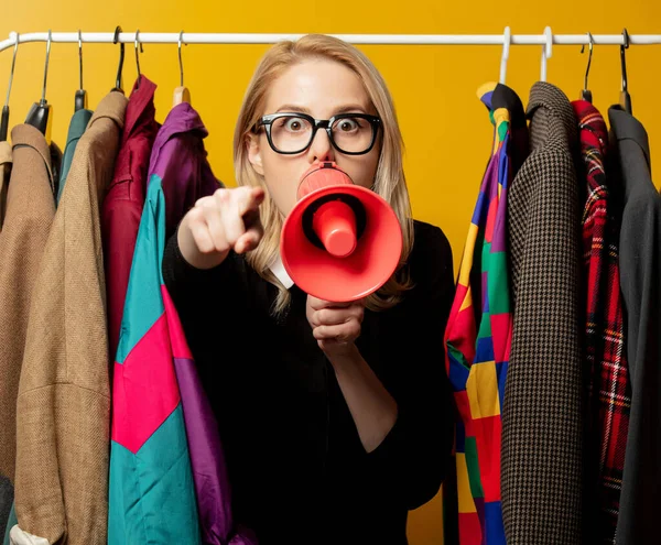 Style Woman Black Formal Dress Megaphone Clothes Rail Yellow Background — Stock Photo, Image