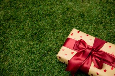 Bahçede yeşil çimlerin üzerinde bir fiyonk olan hediye kutusu 