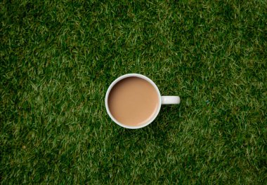 Yeşil çimenlikteki bir fincan kahvenin üstünde.