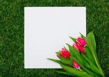 Yeşil çimlerin üzerinde taklit pankart ve laleler