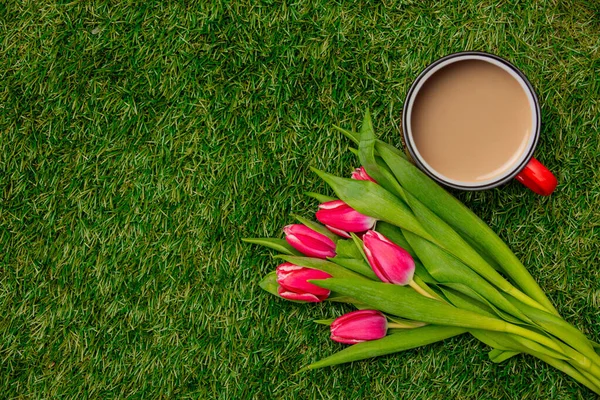 Cup Coffee Tulips Green Grass — Stock Photo, Image