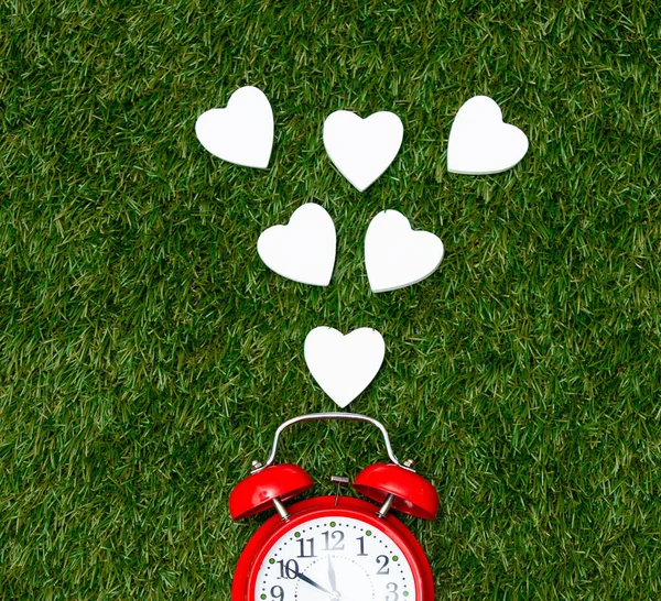 緑の芝生の上で赤い目覚まし時計と心臓の形 上の図 — ストック写真
