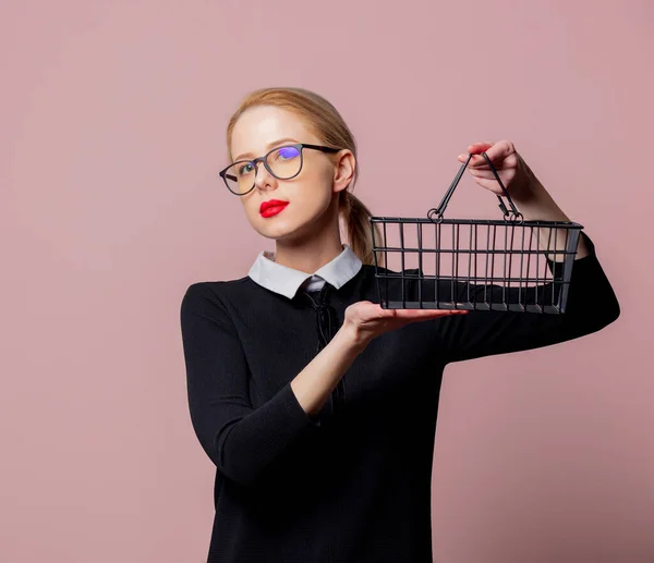 Blonde Woman Black Dress Glasses Shopping Basket Pink Background — Stock Photo, Image