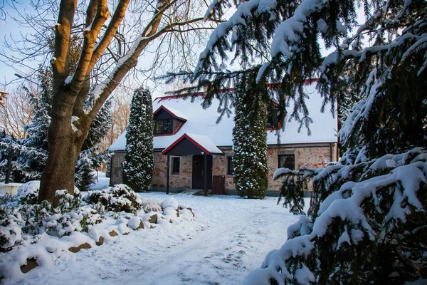 Старый Кирпичный Дом Деревья Вокруг Снегу Ловер Силезии Польша — стоковое фото