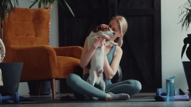 Fata Câine Odihnește Timpul Antrenamentului Domiciliu — Videoclip de stoc