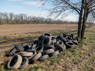 car tires illegally turfs away next to wheat field, Silesia, Poland  clipart