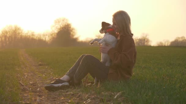 Γυναίκα Και Σκύλος Παίζουν Στην Ύπαιθρο Στο Ηλιοβασίλεμα — Αρχείο Βίντεο