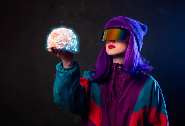 Stylish Girl Cyber Punk Glasses 80S Tracksuit Hold Human Brain — Stok Foto