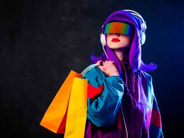 Stylish Girl Cyber Punk Glasses 80S Tracksuit Shopping Bags Headphones — Stock Photo, Image