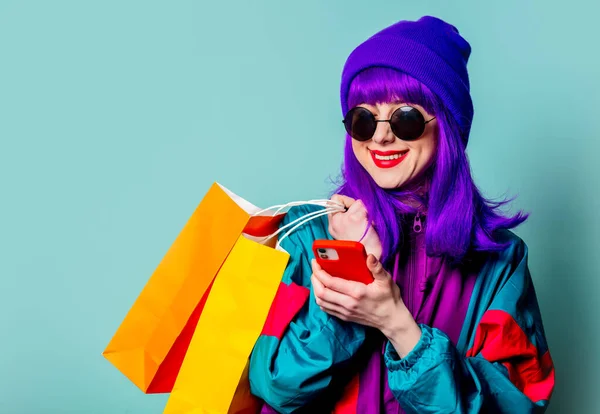 Elegante Chica Adicta Las Compras Los Años Chándal Gafas Sol —  Fotos de Stock