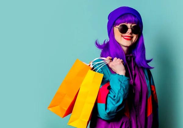 Stylish Shopaholic Girl 80S Tracksuit Sunglasses Hold Shopping Bags Blue — Stock Photo, Image
