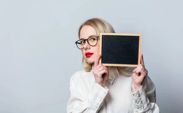 Portrait Beautiful Blonde White Shirt Blackboard White Background — Stockfoto