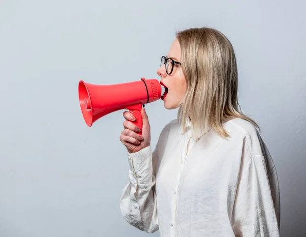 Portrait Beautiful Blonde White Shirt Loudspeaker White Background — Zdjęcie stockowe