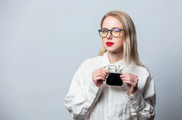 Portrait Beautiful Blonde White Shirt Money Wallet White Background — Stockfoto