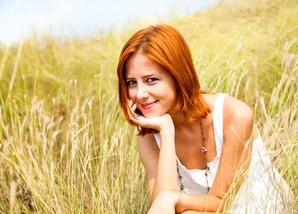 Beautiful Red Haired Girl Grass Outdoor Photo — Stock Photo, Image