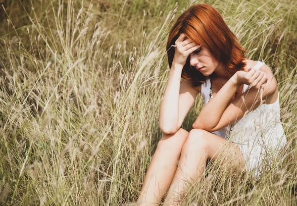 Sad Red Haired Girl Grass Outdoor Photo — Stock Photo, Image