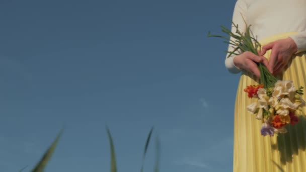 Vrouw Houden Mooie Bloemen Groene Tarwe Veld Het Voorjaar — Stockvideo