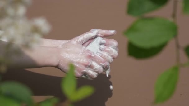 女性は茶色の背景に石鹸で手を洗う — ストック動画