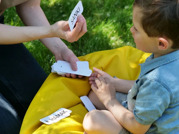 Mamá Enseña Pronunciar Palabras Usando Técnica Doman Para Niño Autista Fotos de stock