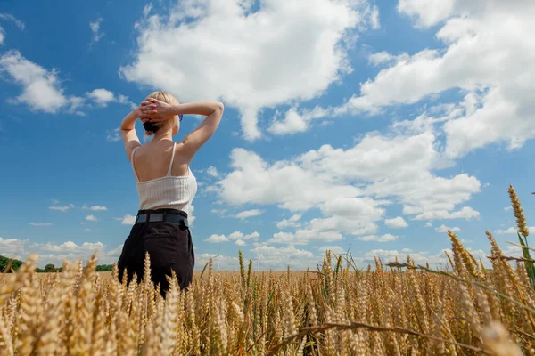 スタイリッシュな女性ブロンド髪のポーズで正式な服で小麦畑 — ストック写真