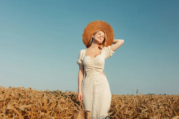 Beautiful Blond Hair Woman White Dress Wheat Field Blue Sky — Stock Photo, Image